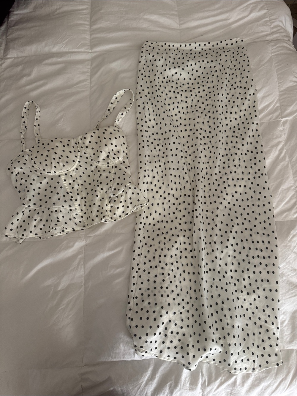 White Satin Polka Dot Two-Piece Set - Crop Top & Maxi Skirt